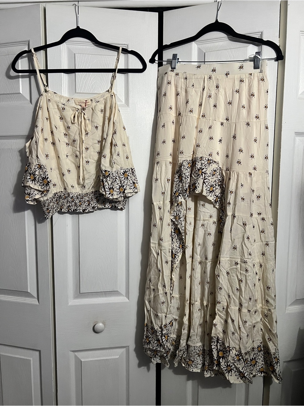 Solitaire Cream Floral Tiered Maxi Skirt Set with Brown & Yellow Accents